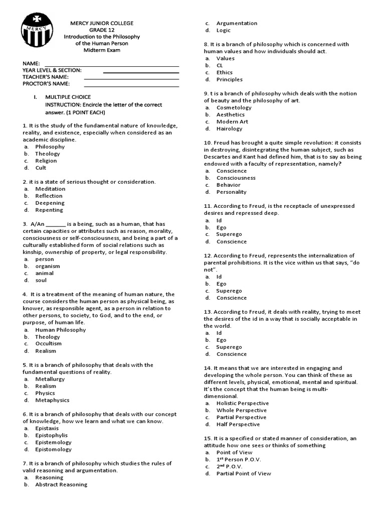 Grade 12 Philosophy Midterm Exam | PDF | Id | Conscience