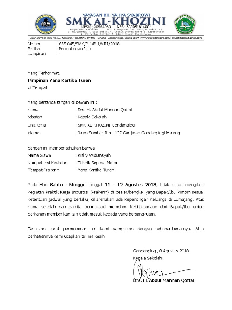 Surat Izin Tidak Masuk Prakerin