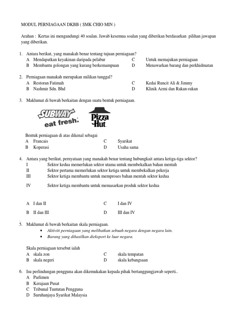 Soalan Kertas 1 Perniagaan Spm