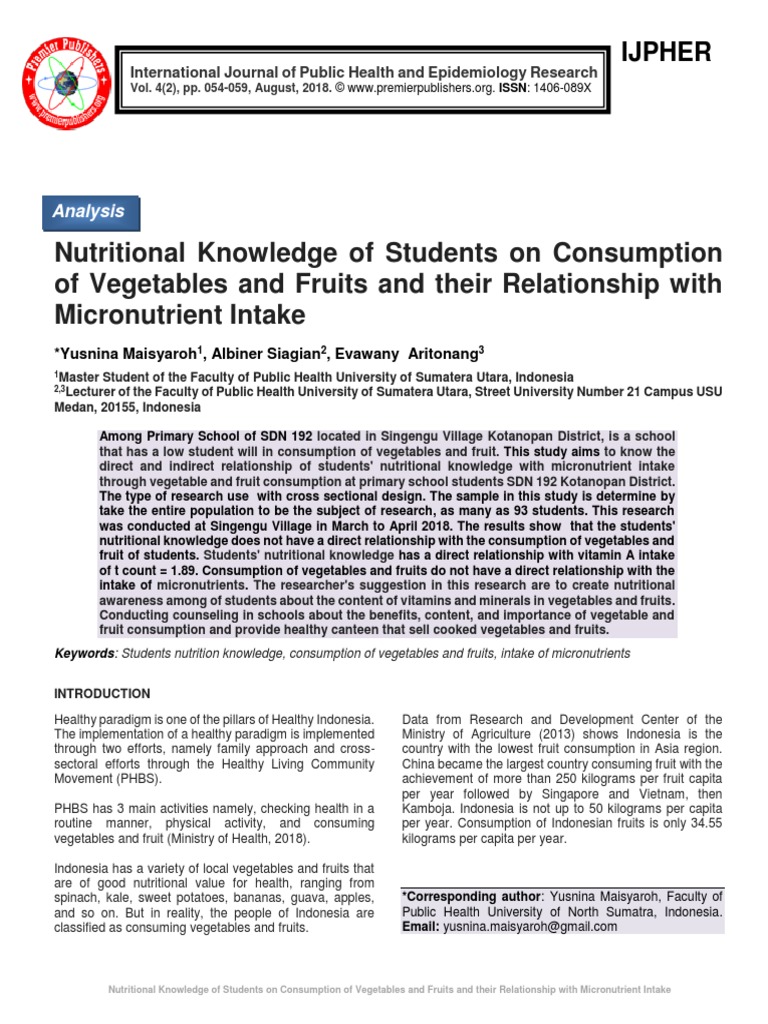 Nutritional Knowledge of Students On Consumption of Vegetables and Fruits and Their Relationship