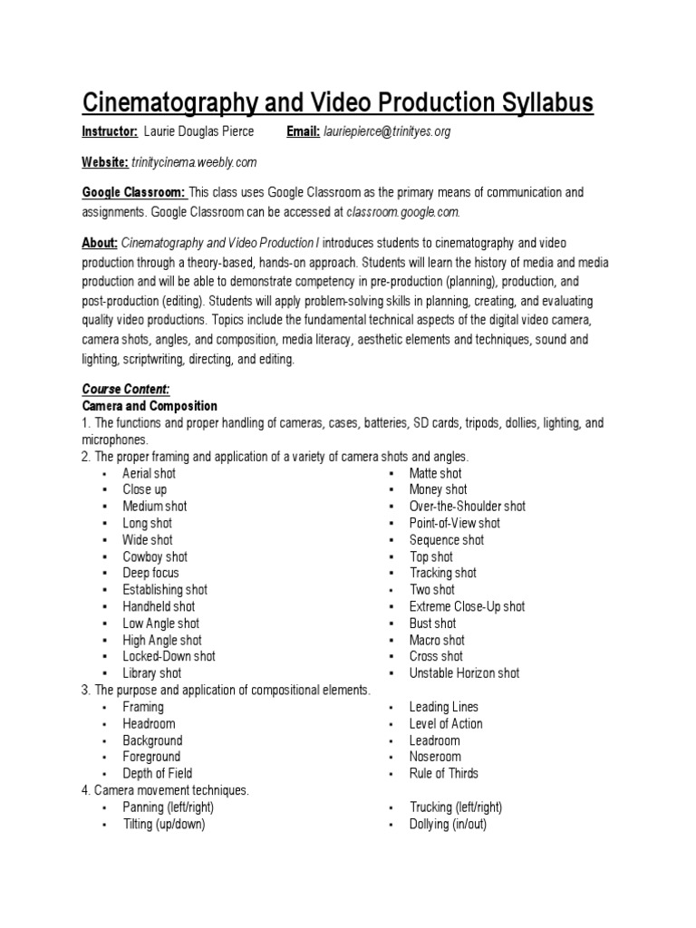 Cinematography and Video Production Syllabus | PDF | Cinematography ...