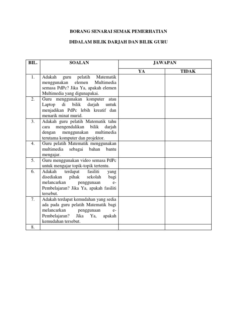 Borang Senarai Semak Pemerhatian | PDF