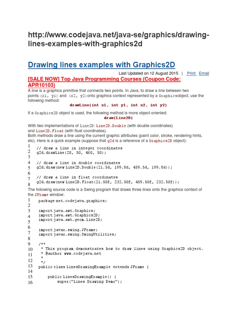 Drawing Lines Examples With Graphics2D | PDF | Java (Programming ...