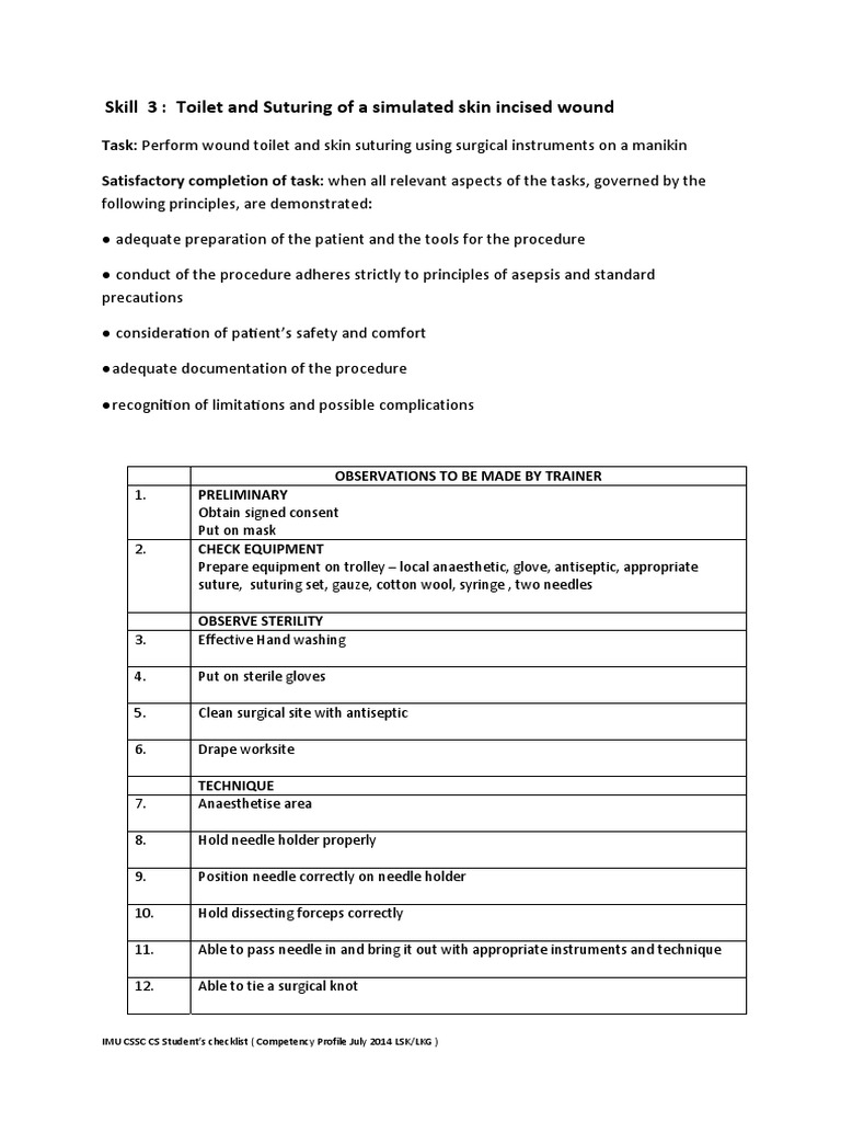 Skill 3 Toilet and Suturing of a Simulated Skin Incised Wound