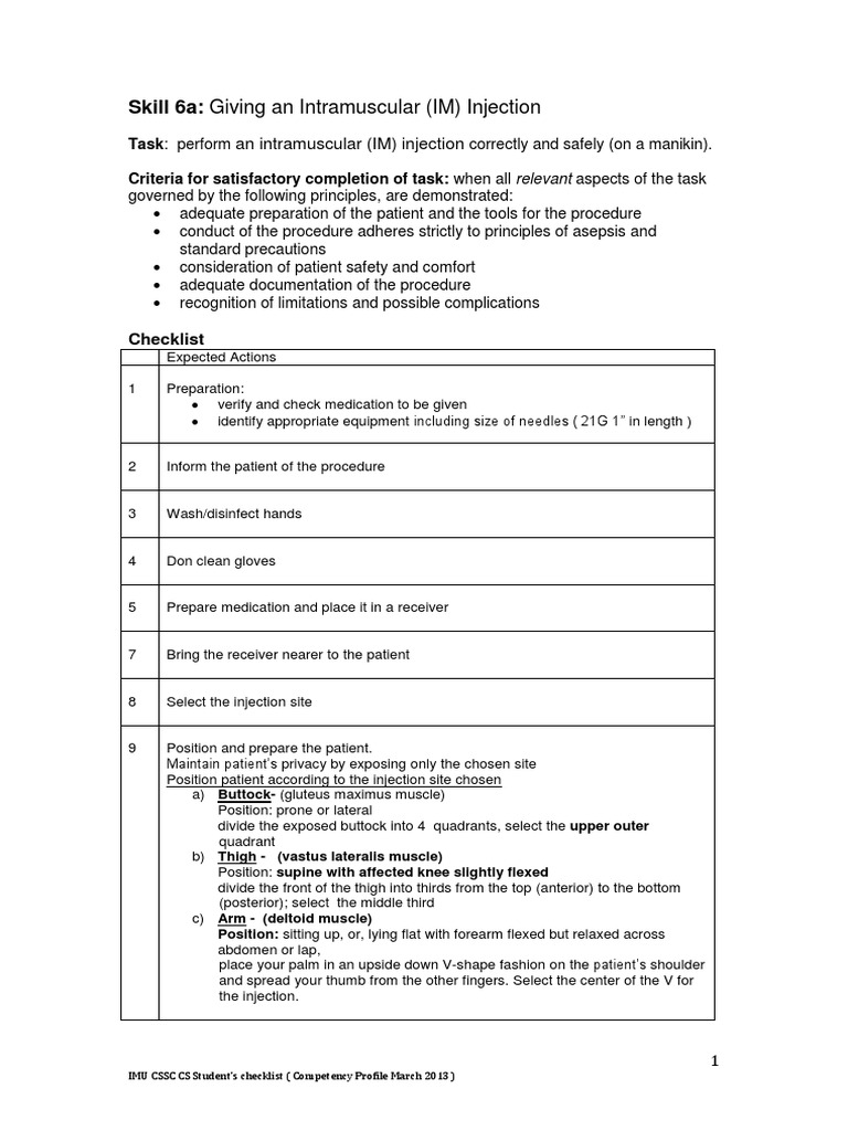 IM Injection Nursing Skill Checklist | PDF | Injection (Medicine) | Syringe