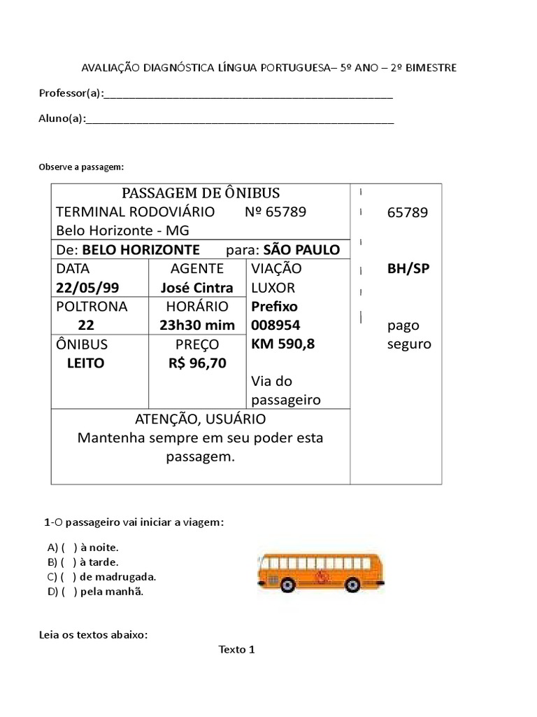 Avaliação Diagnóstica 5 Ano de Português em WORD. | PDF