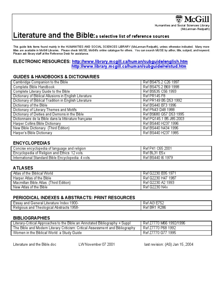 Literature and The Bible: A Selective List of Reference Sources | PDF ...