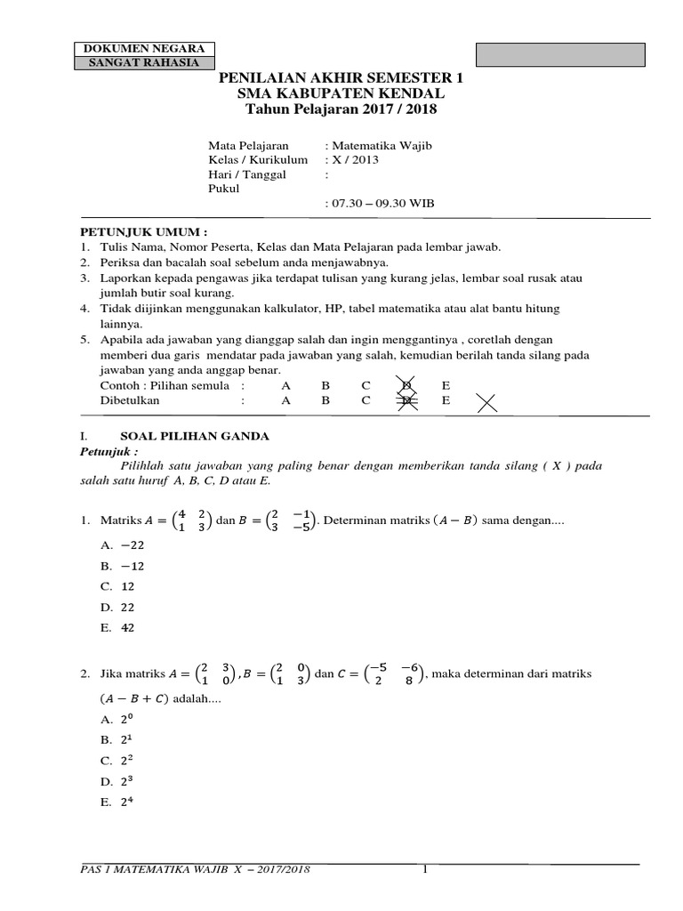Soal Pas Matematika Wajib