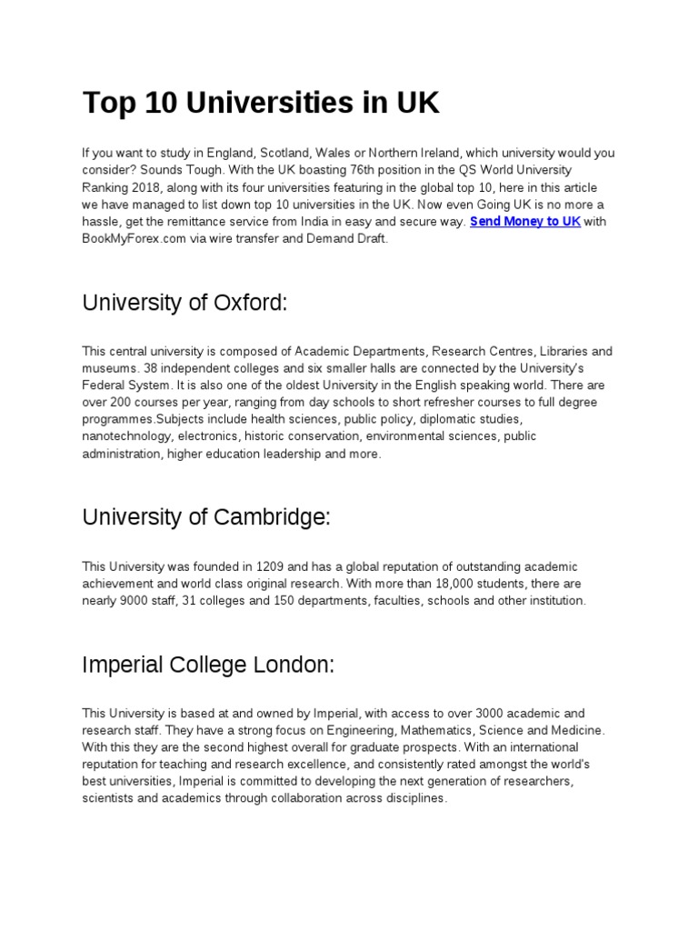 Top U K Universities And Cities For Higher Education