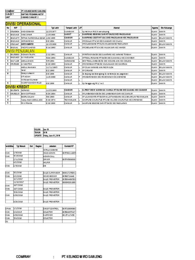 Data Karyawan Cabang CIANJUR 2 | PDF