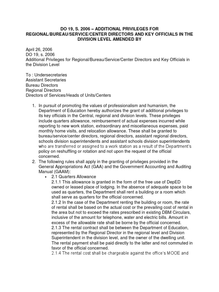 Deped Order Quarters Allowance PDF Per Diem Government
