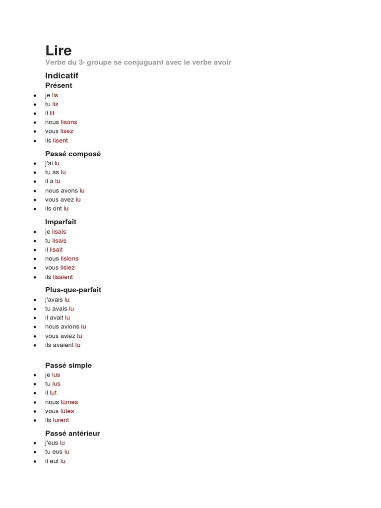 Passe Compose Lire Conjuguer Verbe Lire | PDF
