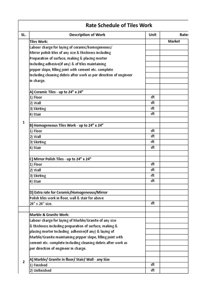 Rate Schedule of Tiles Work PDF Tile Building Materials