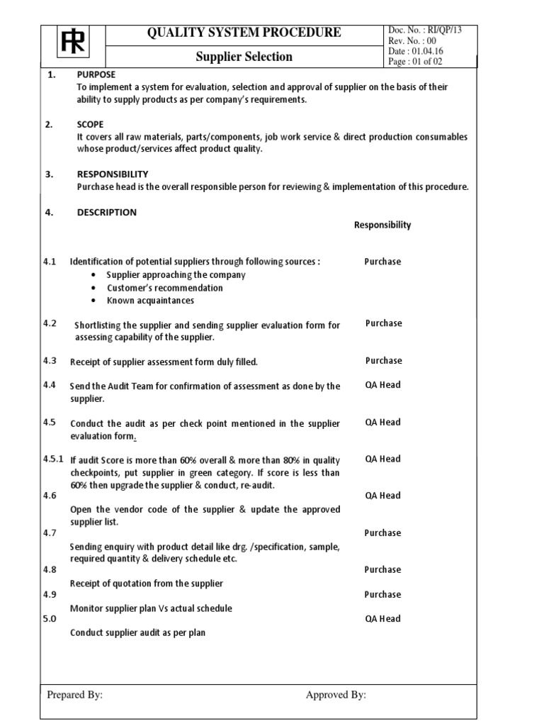 Supplier Selection and Evaluation Procedure | PDF | Business Process ...