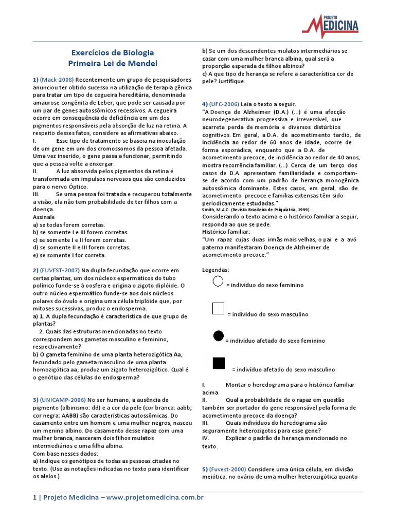 Exercicios Resolucoes Gabarito Genetica Primeira Lei de Mendel PDF ...
