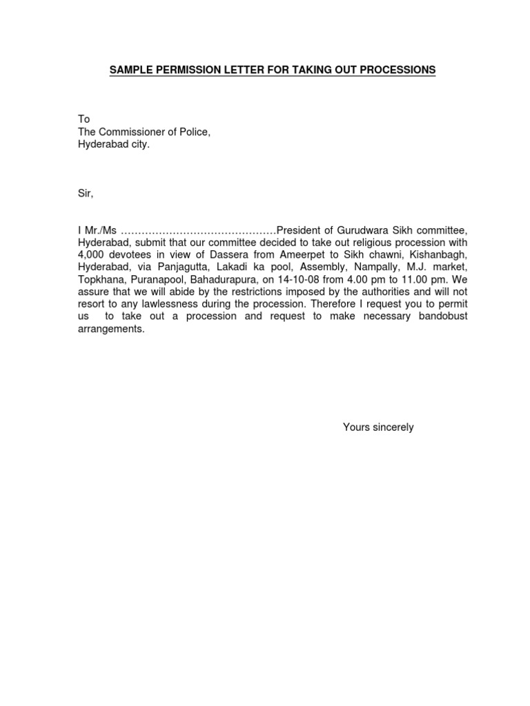 Sample Permission Letter For Taking Out Processions | PDF
