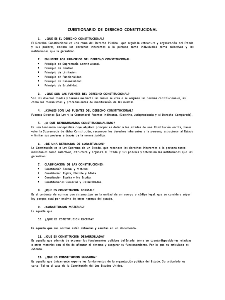 Cuestionario de Derecho Constitucional | PDF | Constitución | Derecho ...