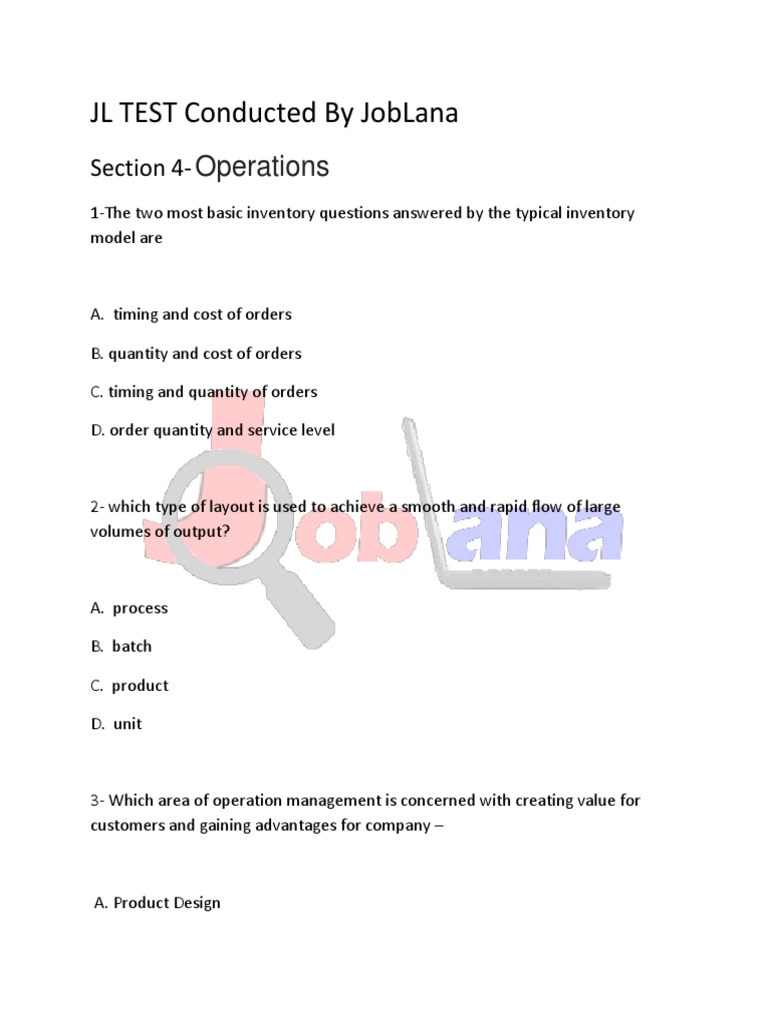Joblana Test (JL Test) Operations Section Sample Paper | PDF | Business ...