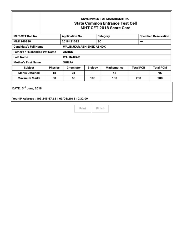 MHT-CET 2018 Score Card Sample | PDF