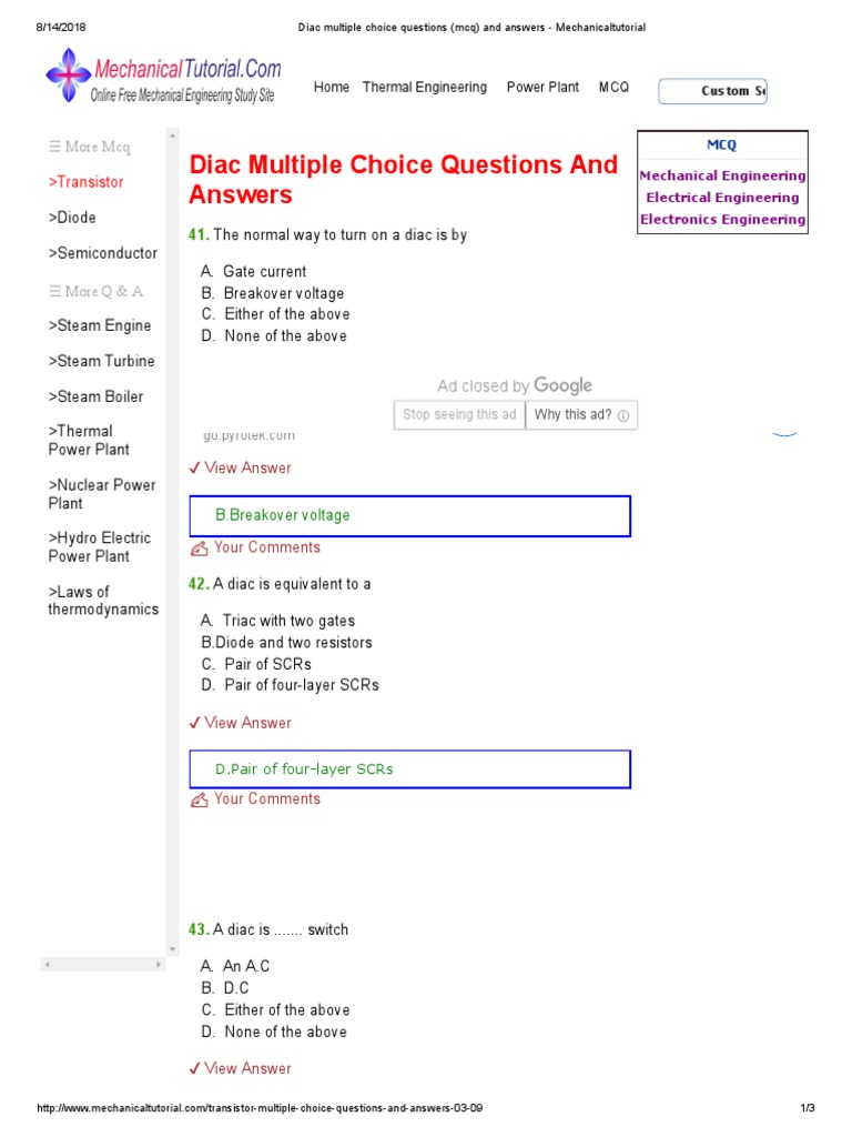 Diac Multiple Choice Questions (MCQ) and Answers Mechanicaltutorial