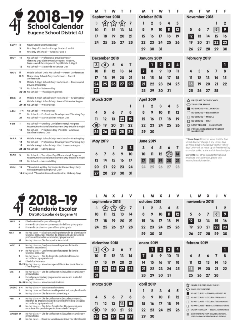 Eugene 4J Calendar 2018-2019 | PDF | Secondary Education | Educational  Stages