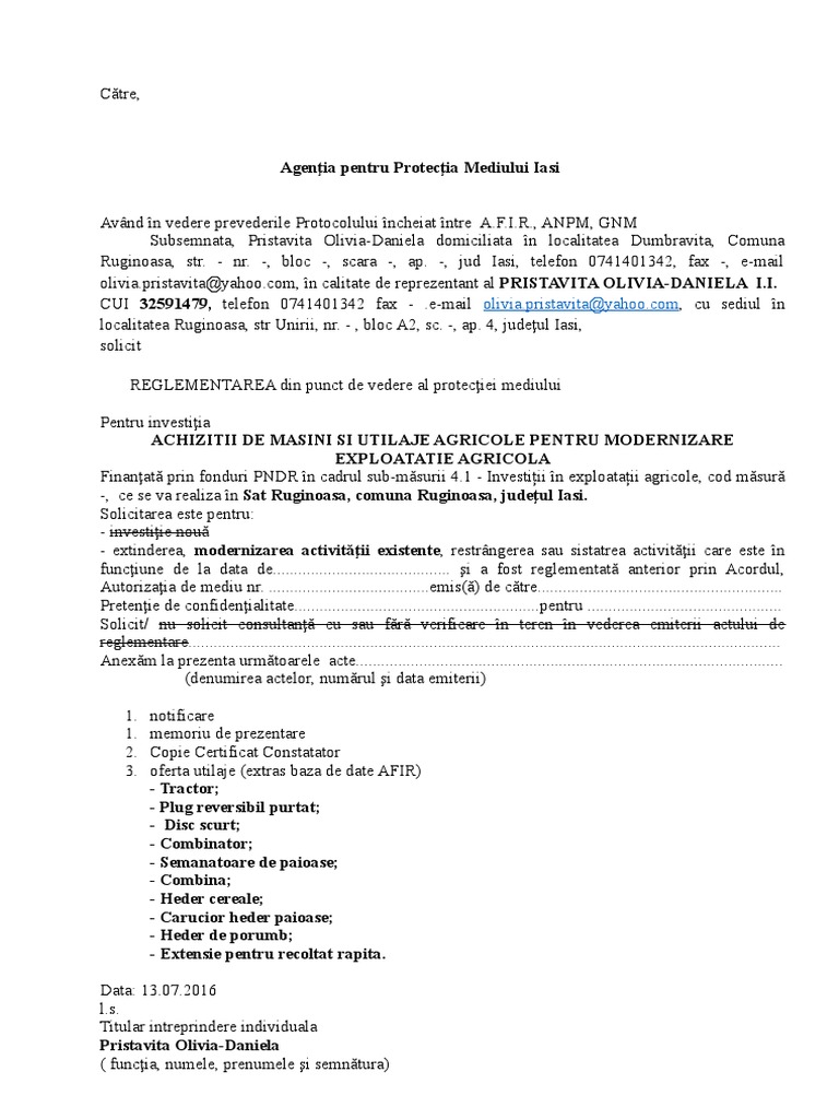 Cerere Agentia Protectia Meidului