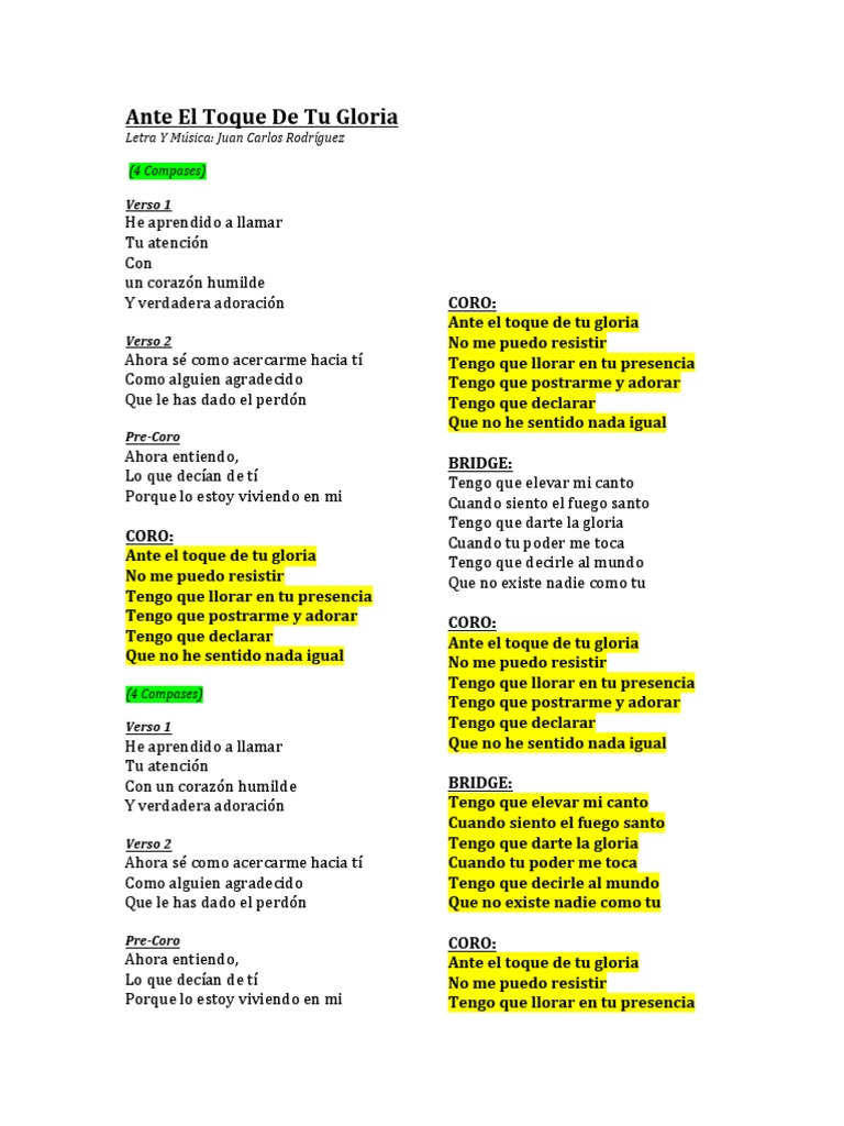 Ante El Toque de Tu Gloria (Lyrics) PDF Ocio Entretenimiento