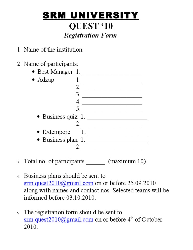 SRM University Quest '10 Registration Form | PDF