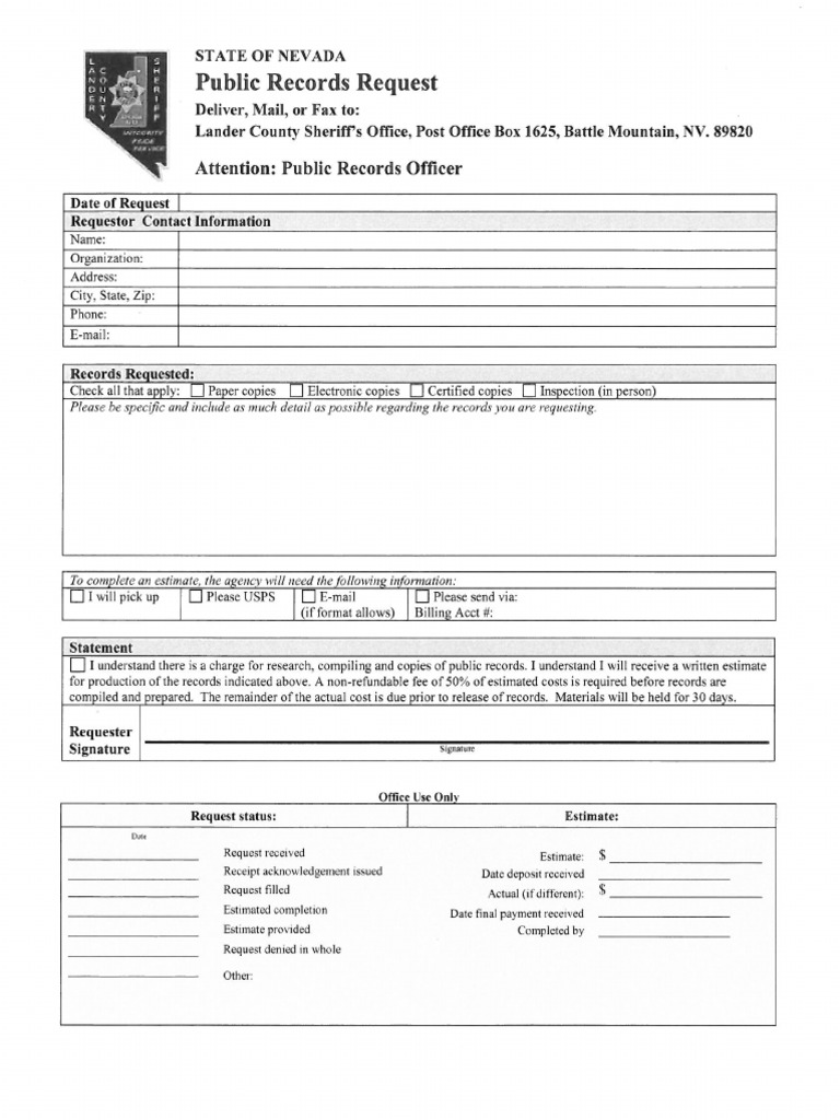 Lander County Sheriff Request Form PDF