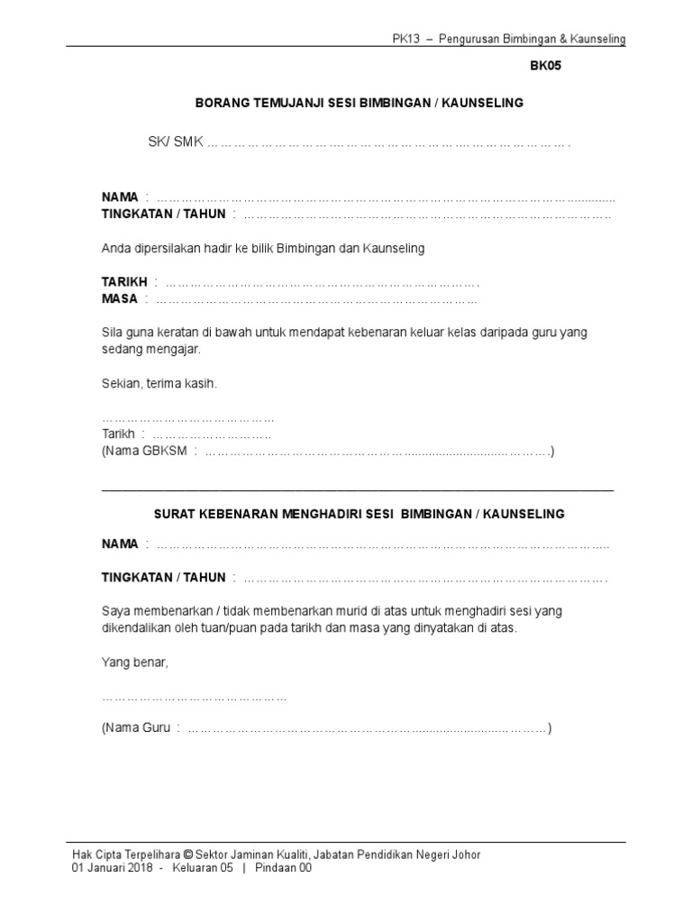 Bk05 Borang Temujanji Sesi Bimbingan Kaunseling Pdf