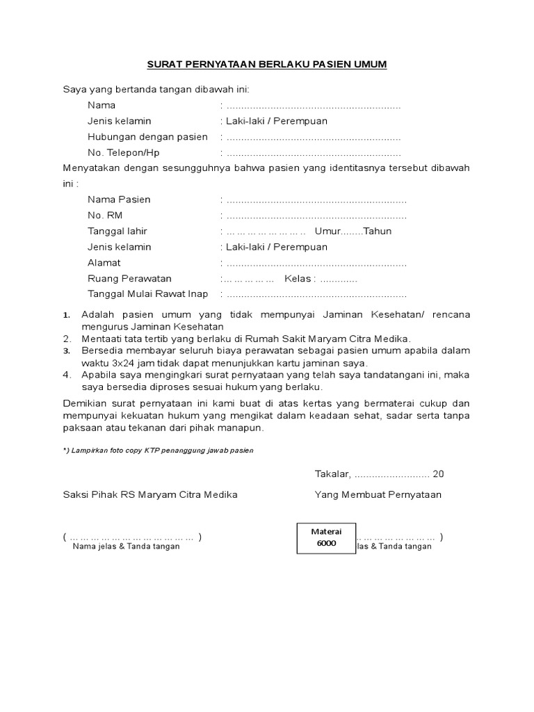 Surat Persetujuan Rawat Inap Pasien Umum | PDF