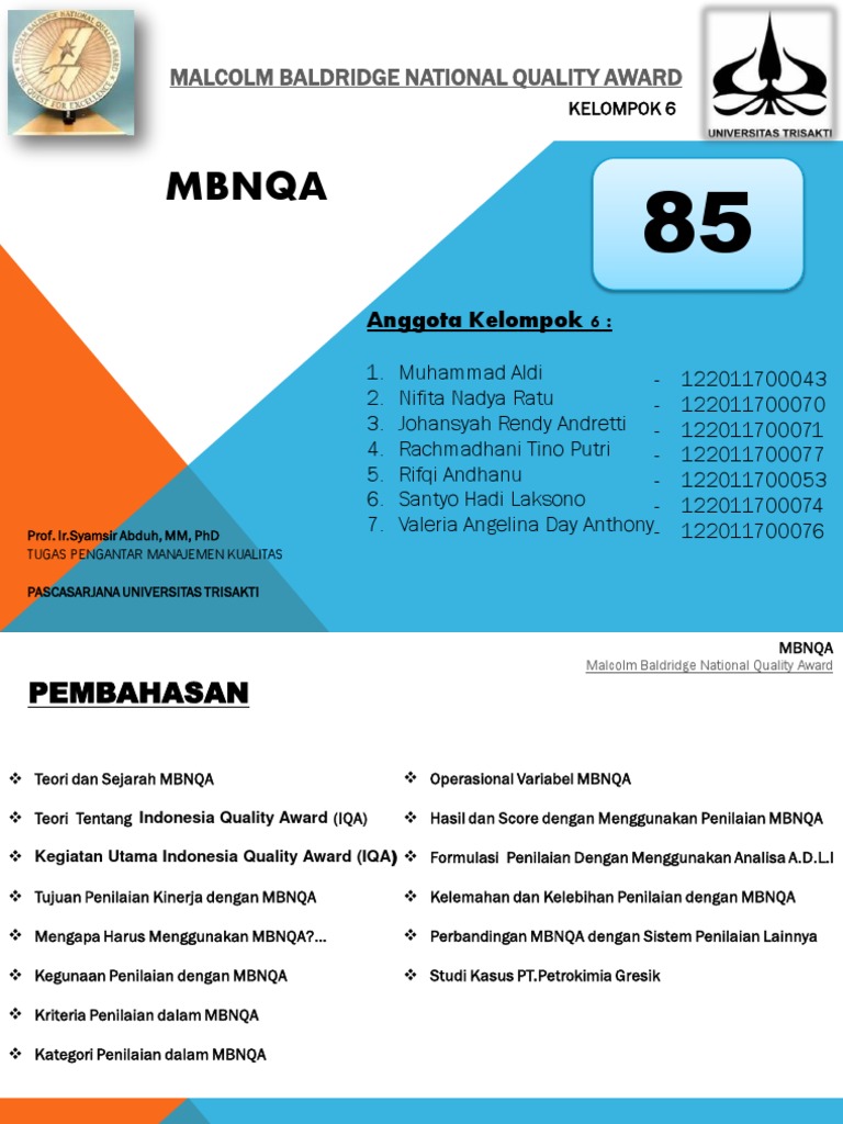 Malcolm Baldridge National Quality Award (MBNQA) - Kel.6 - 85 | PDF