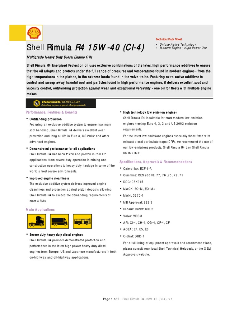 Gpcdoc Local Tds Oman Shell Rimula r4 15w-40 (Ci-4) (En) Tds v1 | PDF ...