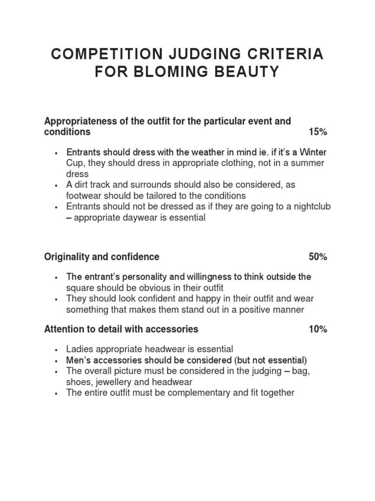 Judging Criteria for Fashion Competition | PDF | Clothing | Aesthetics