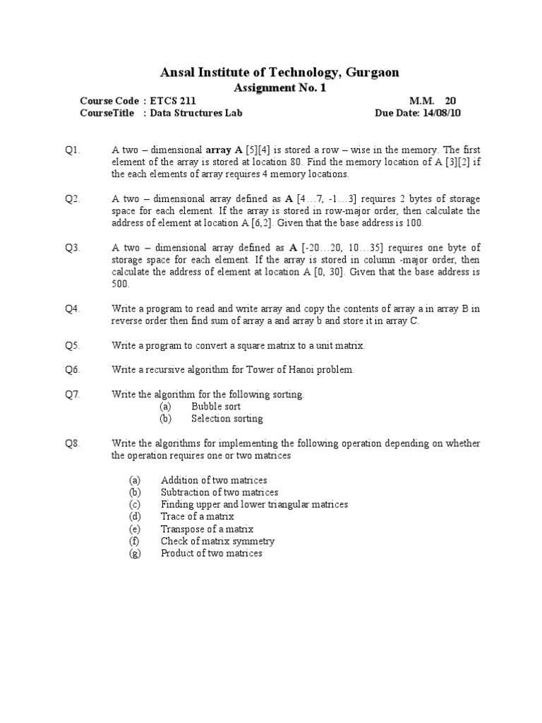 DS Assignment 3rd Sem IPU | PDF | Matrix (Mathematics) | Algorithms And ...