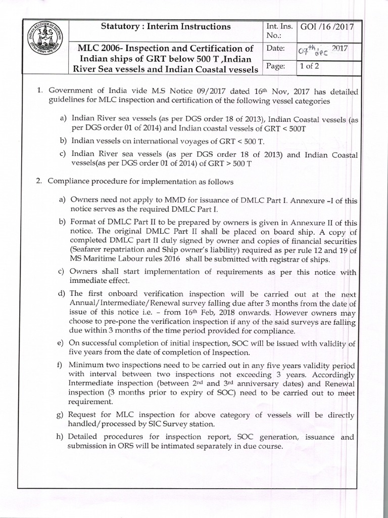 MLC 2006 – Inspection and Certification of Indian Ships of GRT Below 500 T,  Indian River Sea Vessels and Indian Coastal Vessels | Sailor | Employment