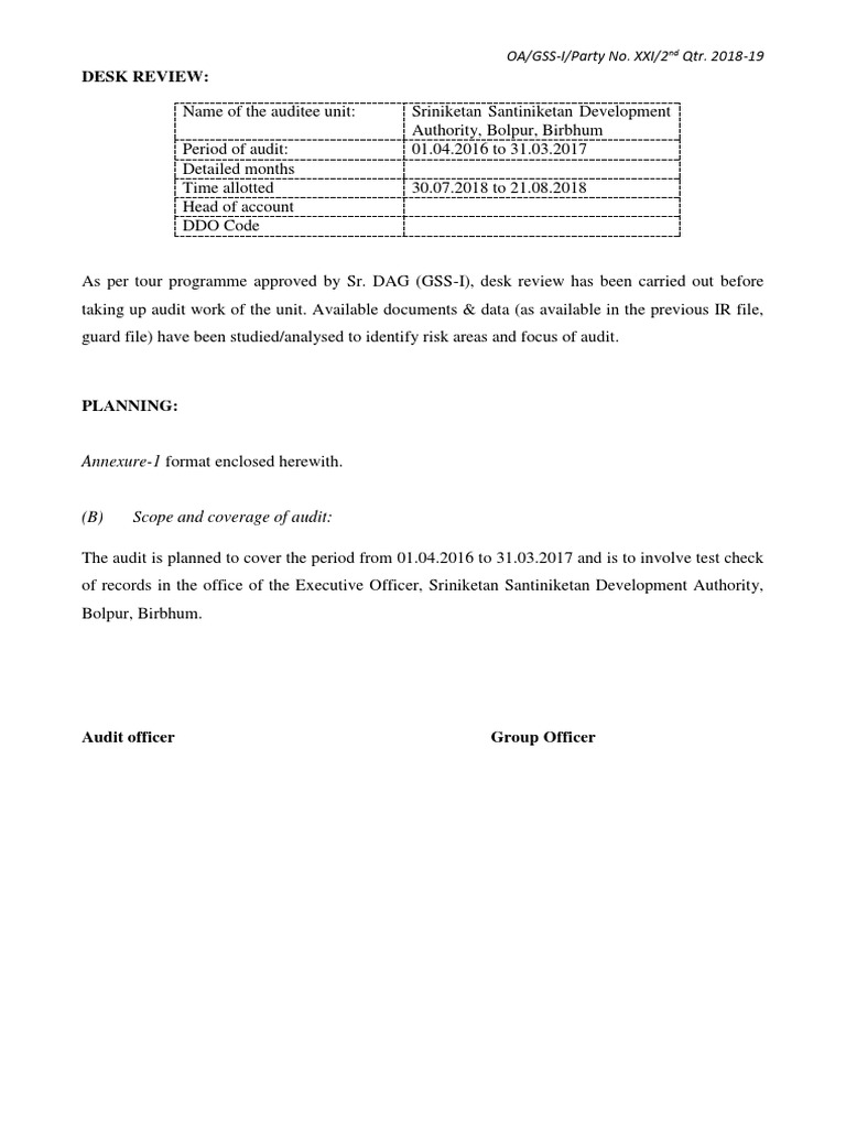 Desk Review Planning Ssda Auditor S Report Audit