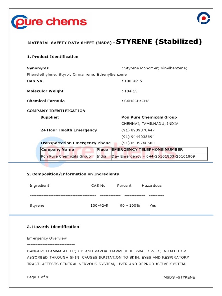 Styrene Monomer MSDS PDF PDF Dangerous Goods Combustion