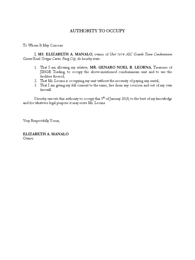 Authority To Occupy | PDF