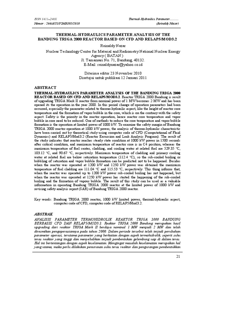 Thermal-Hydraulics Parameter Analysis of The Bandung Triga 2000 Reactor ...