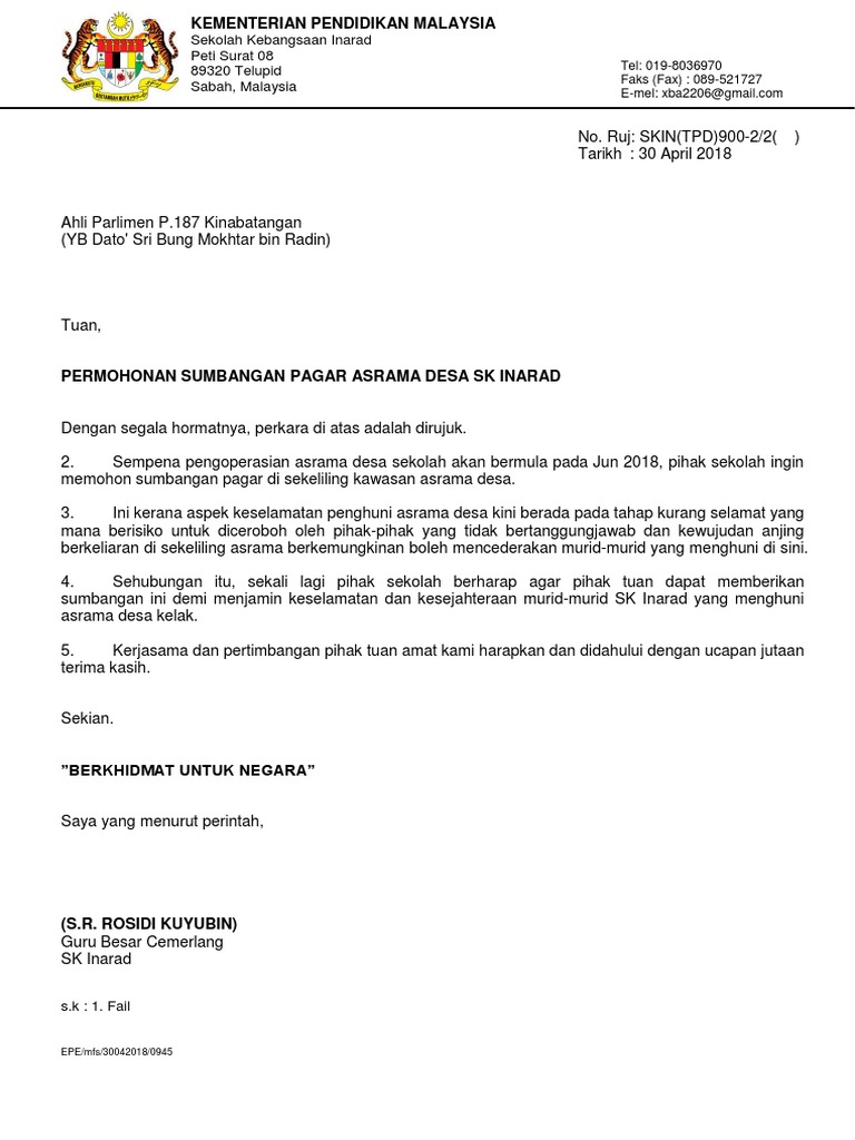 Surat Sumbangan YB Untuk Pagar