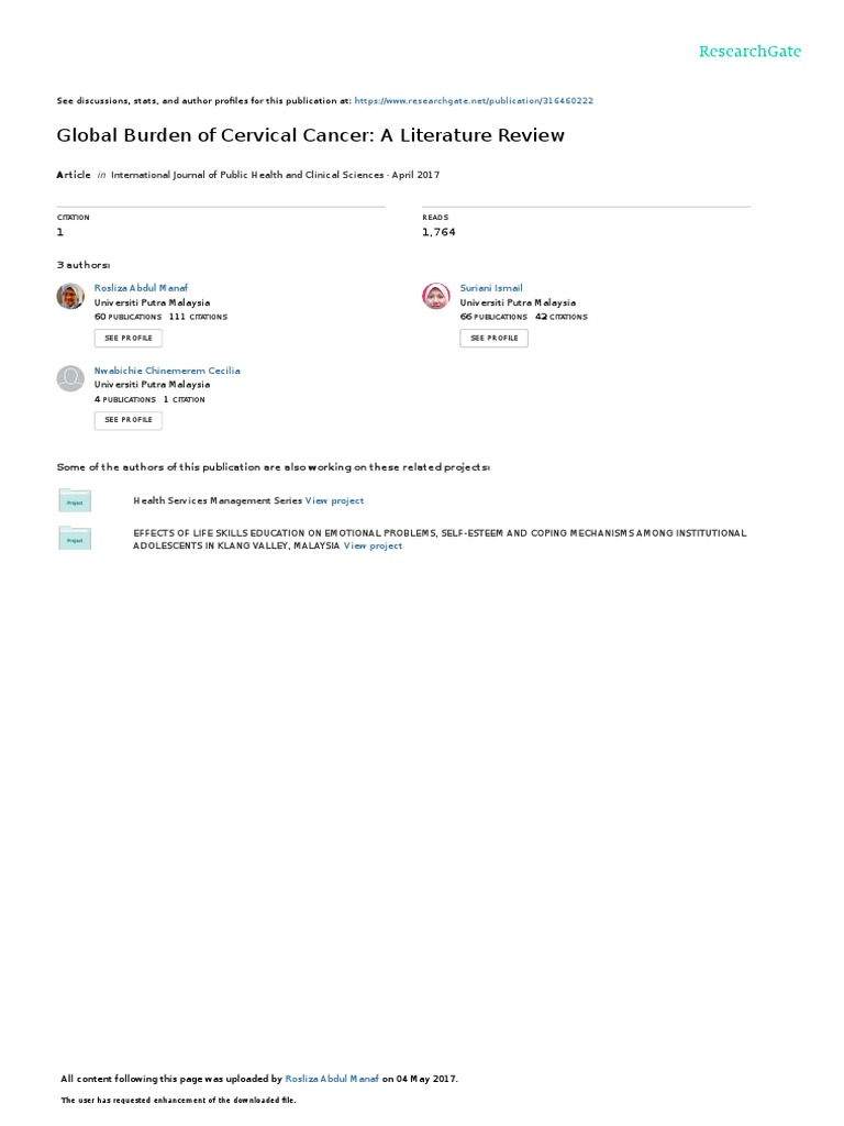 Global Burden of Cervical Cancer: A Literature Review: Article | PDF ...