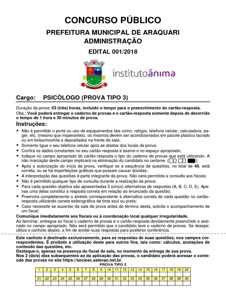 Prova Concurso Psicologia PDF Psicoterapia Psicologia