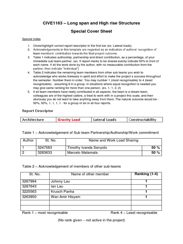 CIVE1163 - Long Span and High Rise Structures Special Cover Sheet | PDF ...