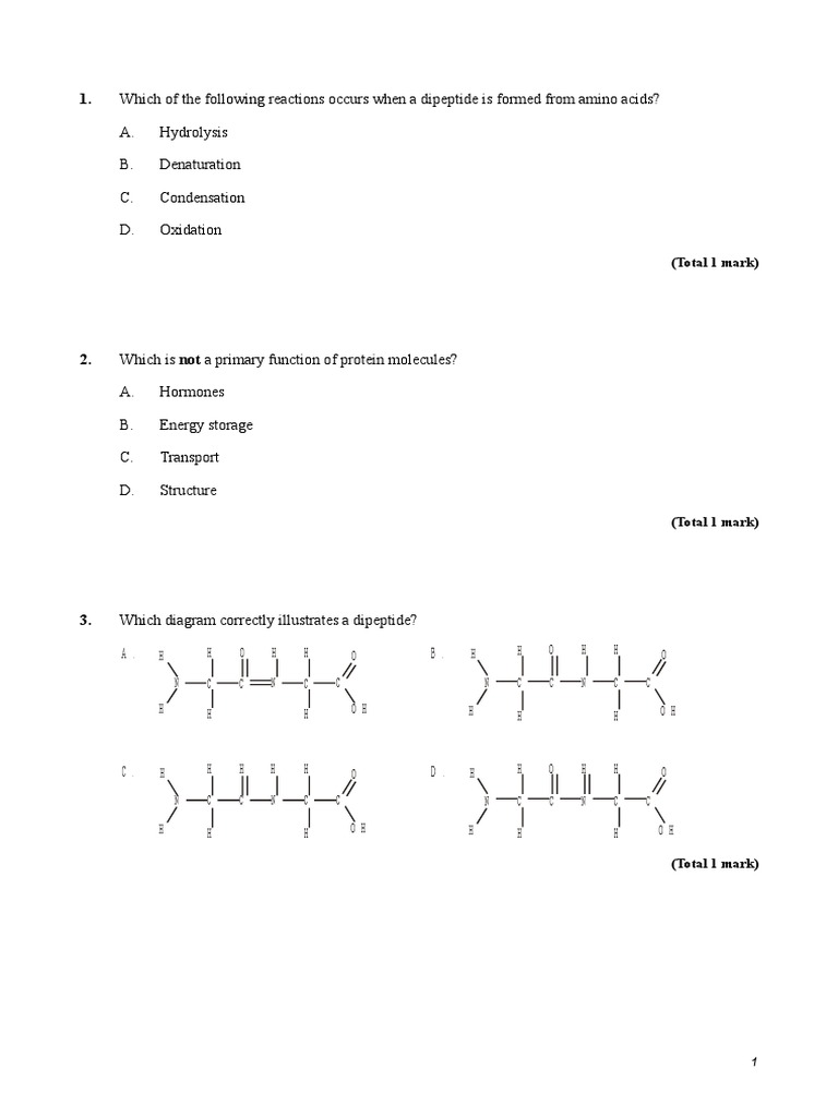 Protein Multiple Choice Questions PDF Oxygen Enzyme