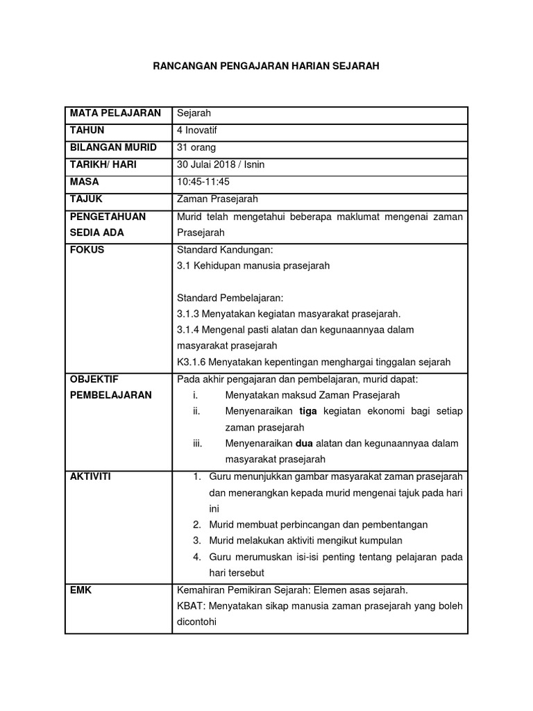 01 Rph Minggu 1 Tahun 4 Prasejarah Pdf