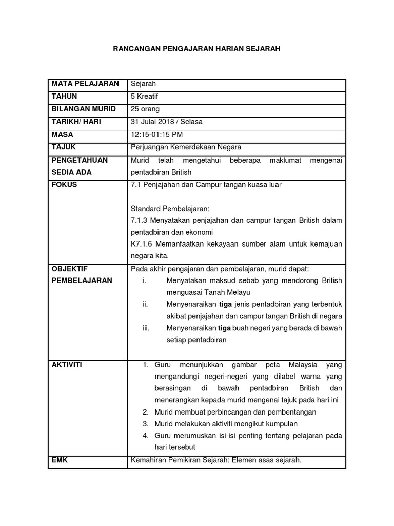 02 Rph Minggu 1 Tahun 5 Pentadbiran British Pdf