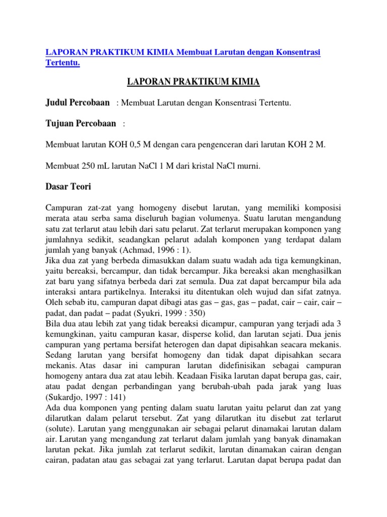 Laporan Praktikum Kimia Membuat Larutan Dengan Konsentrasi Tertentu