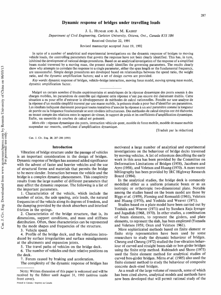 Dynamic Response of Bridges Under Travelling Loads | PDF | Teaching ...