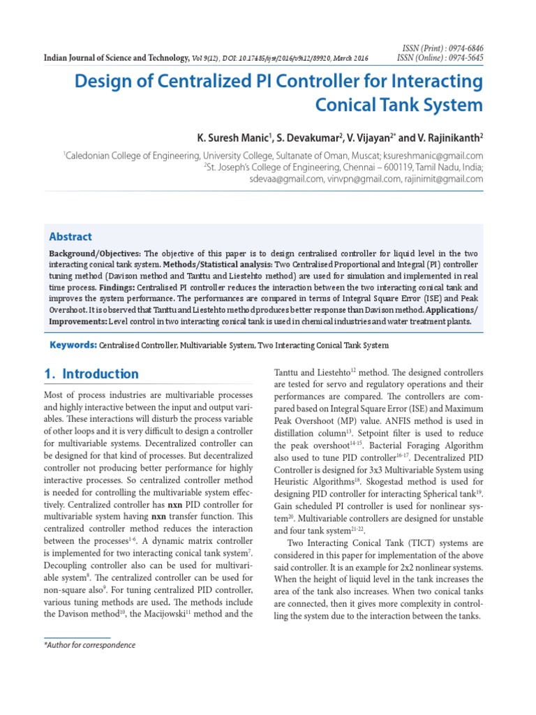 Design of Centralized PI Controller For Interacting Conical Tank System ...